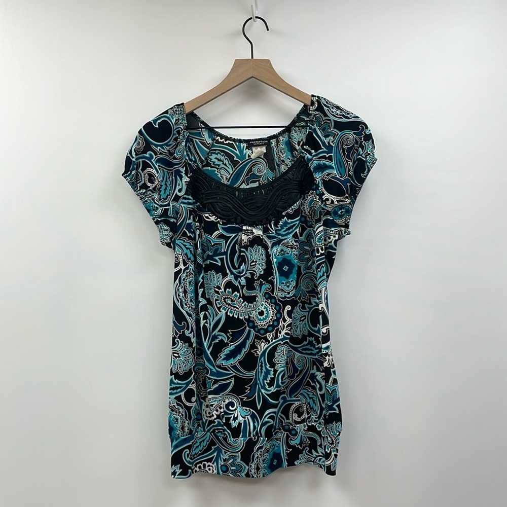 Perception Concept Paisley '90s Y2K Art Abstract Short Sleeve Blouse Blue Medium